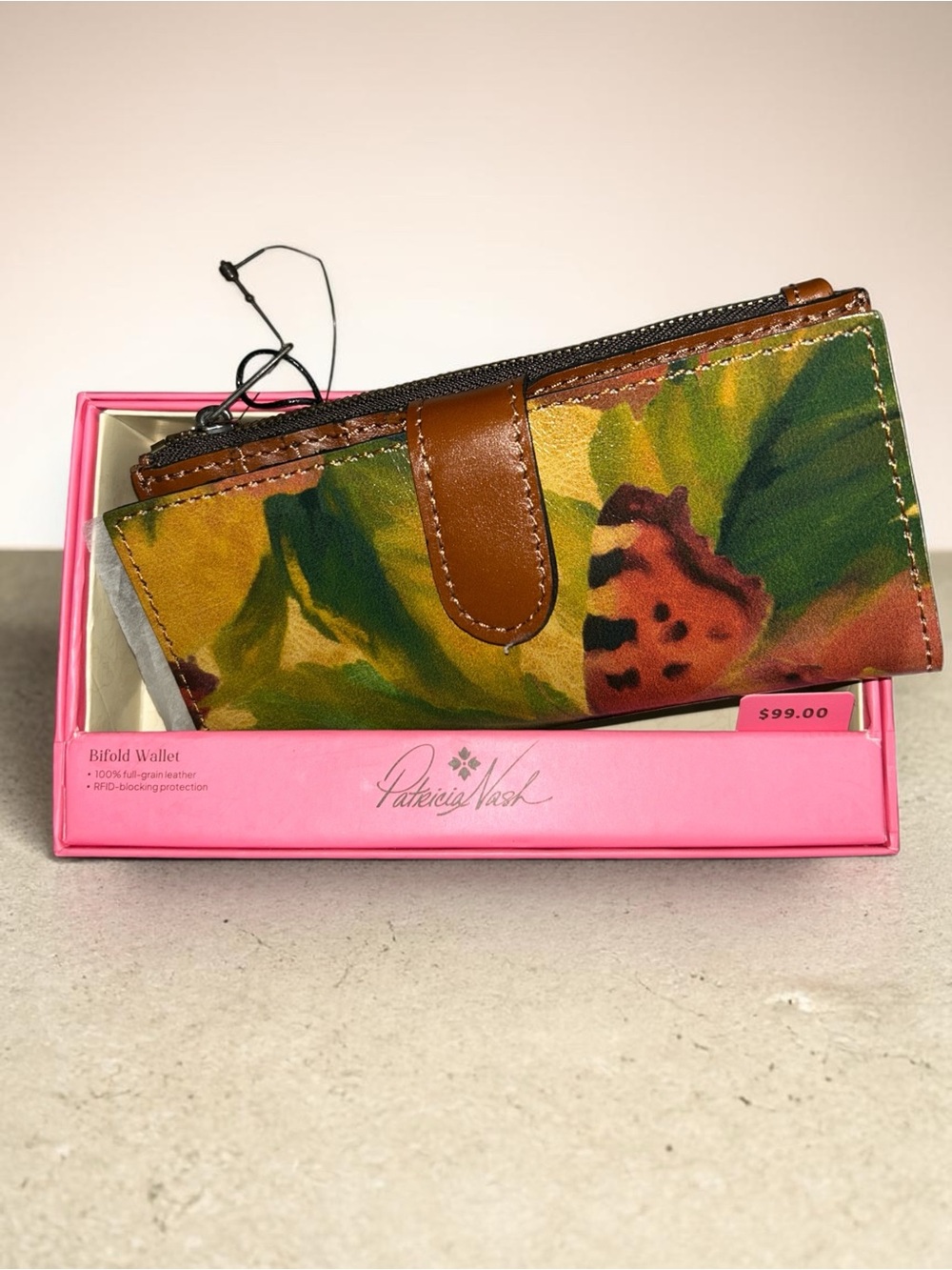 Patricia Nash Green Floral Bifold Wallet with Brown Trim
